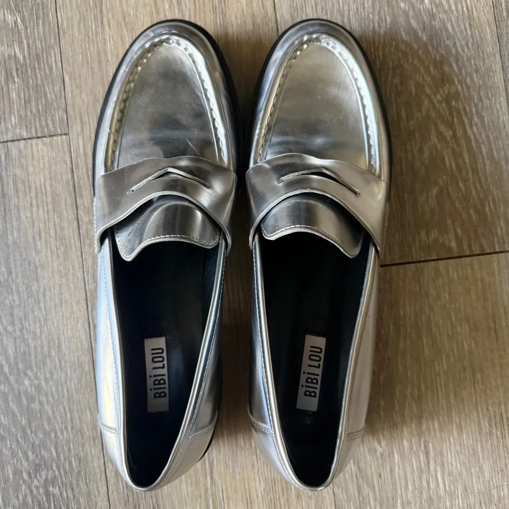 Bibi Lou Metallic Silver Penny Loafers Size 9 Dark Academia Preppy Funky Sleek